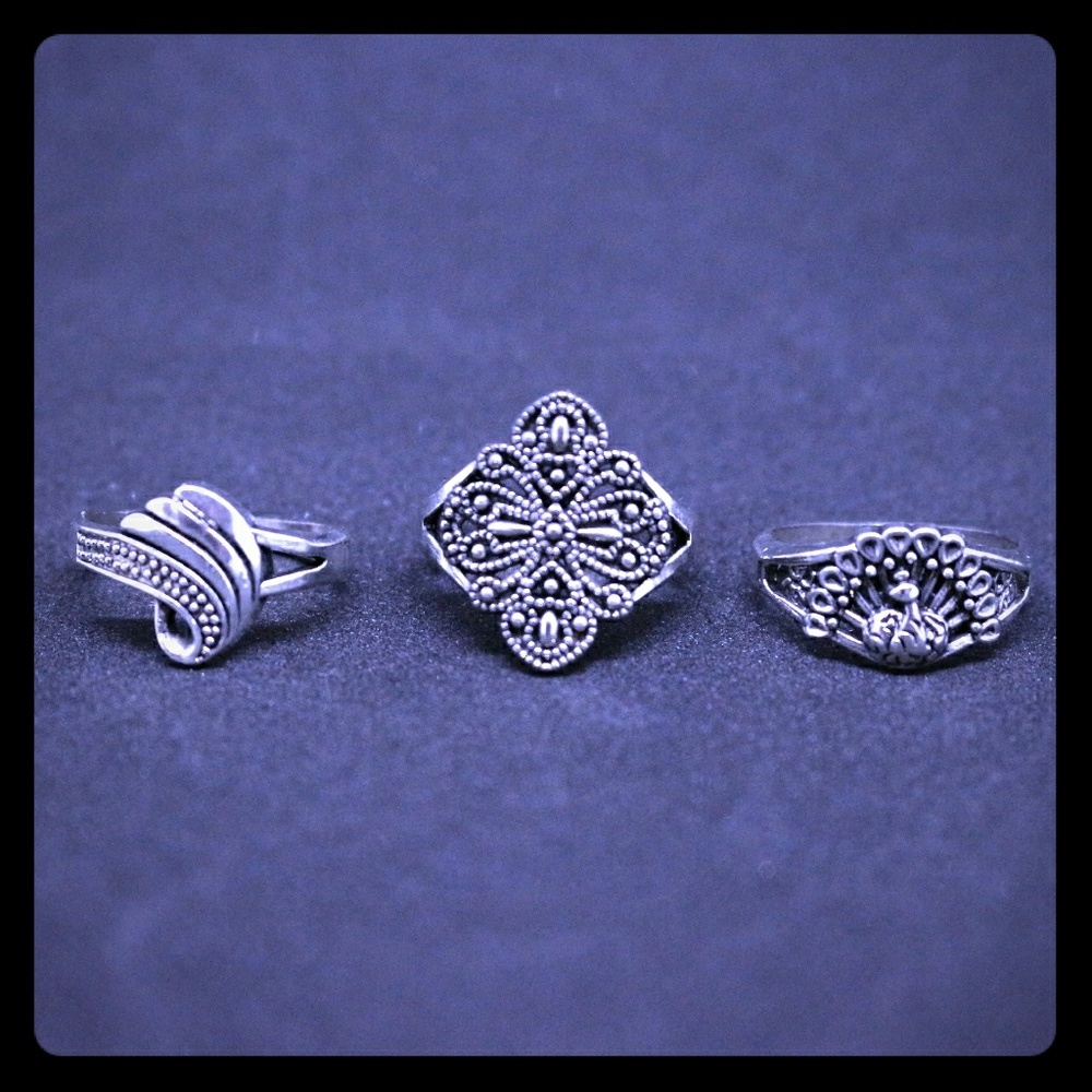 3 Vintage Style Rings set W/ Peacock Art Deco (g)